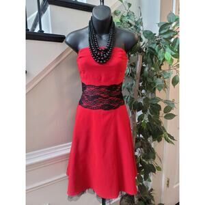 Ruby Rox Strapless Party Dress Women Size 3 Red Black Lace Trim Tulle Hem